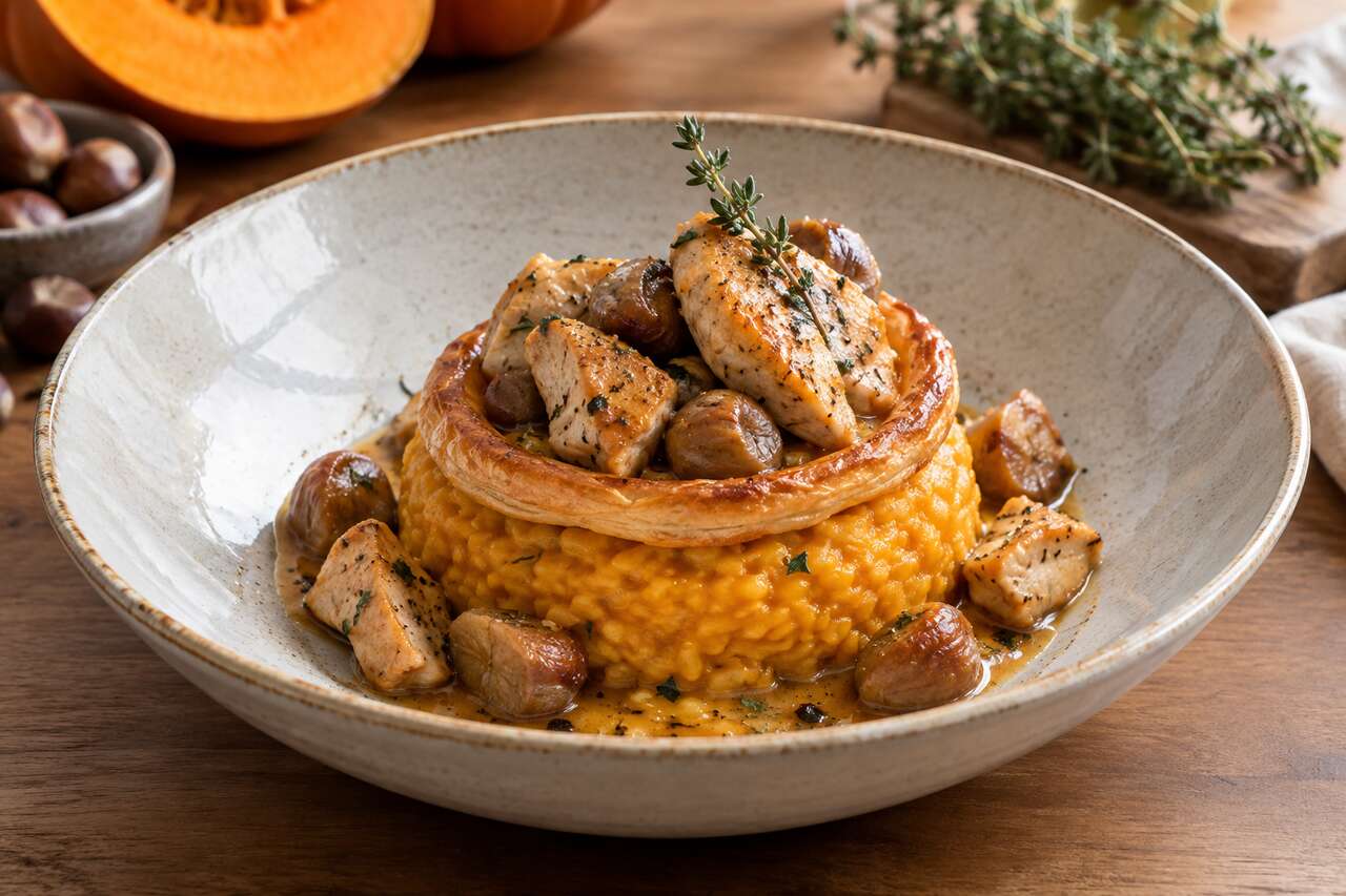 Sauté de volaille aux marrons et risotto au potimarron de Cyril Lignac
