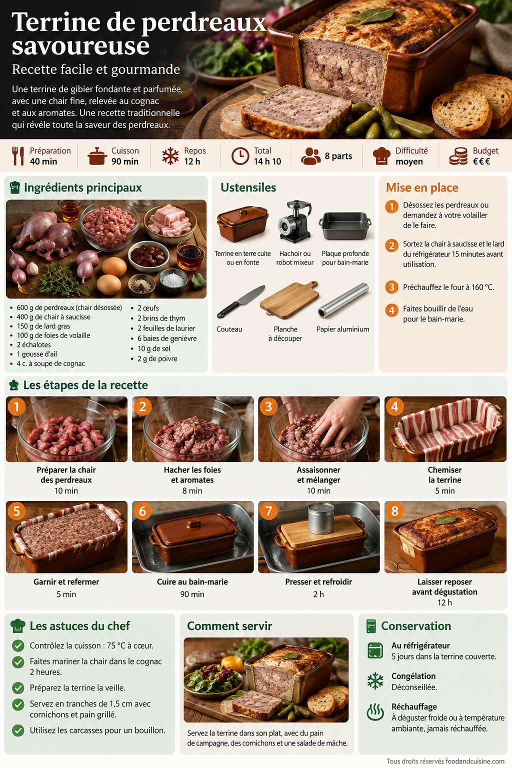 Fiche recette Terrine de perdreaux savoureuse : recette facile et gourmande