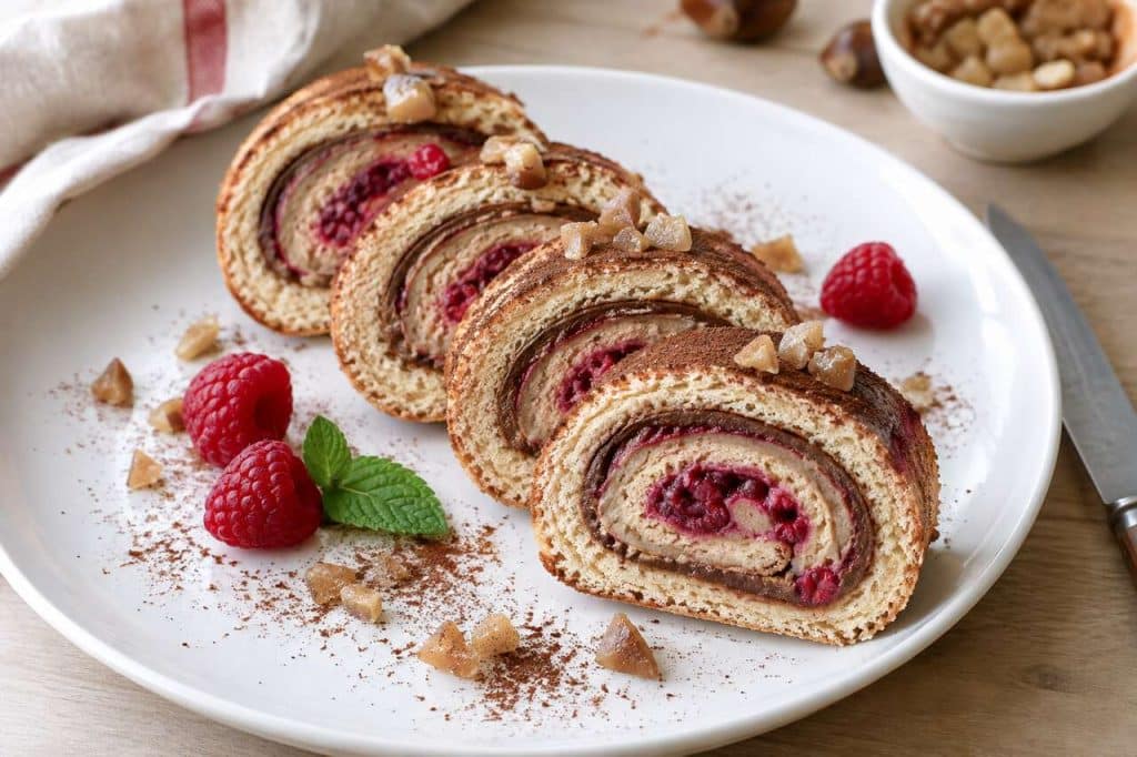 Roulé marrons-chocolat-framboise : délice gourmand