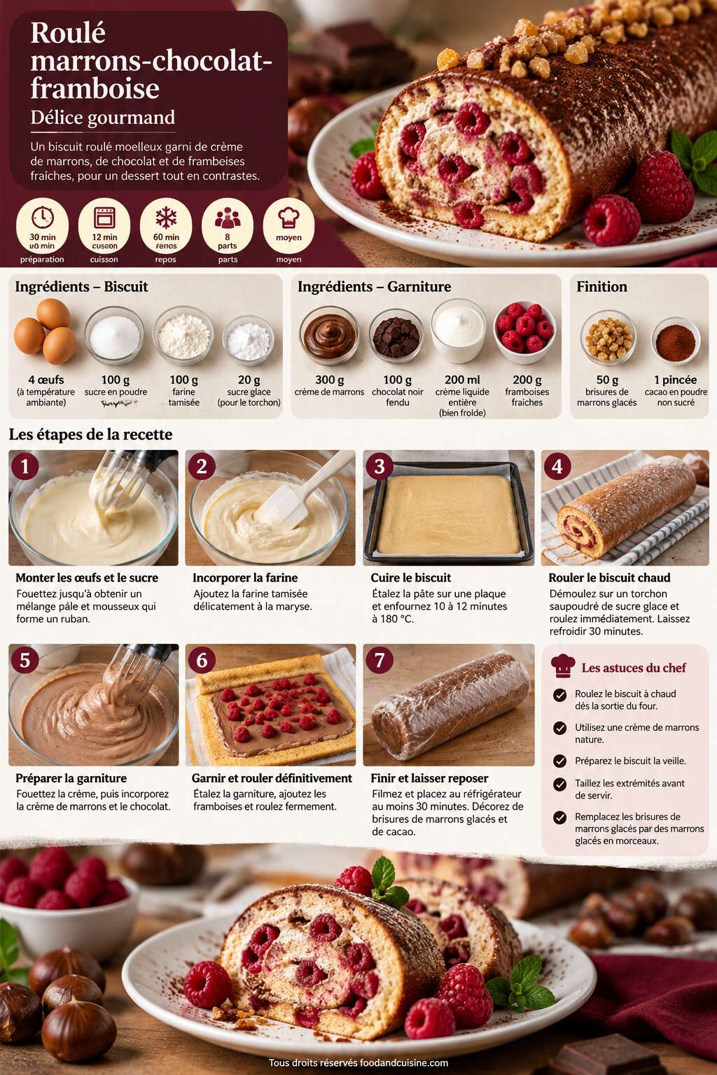 Fiche recette Roul&eacute; marrons-chocolat-framboise : d&eacute;lice gourmand