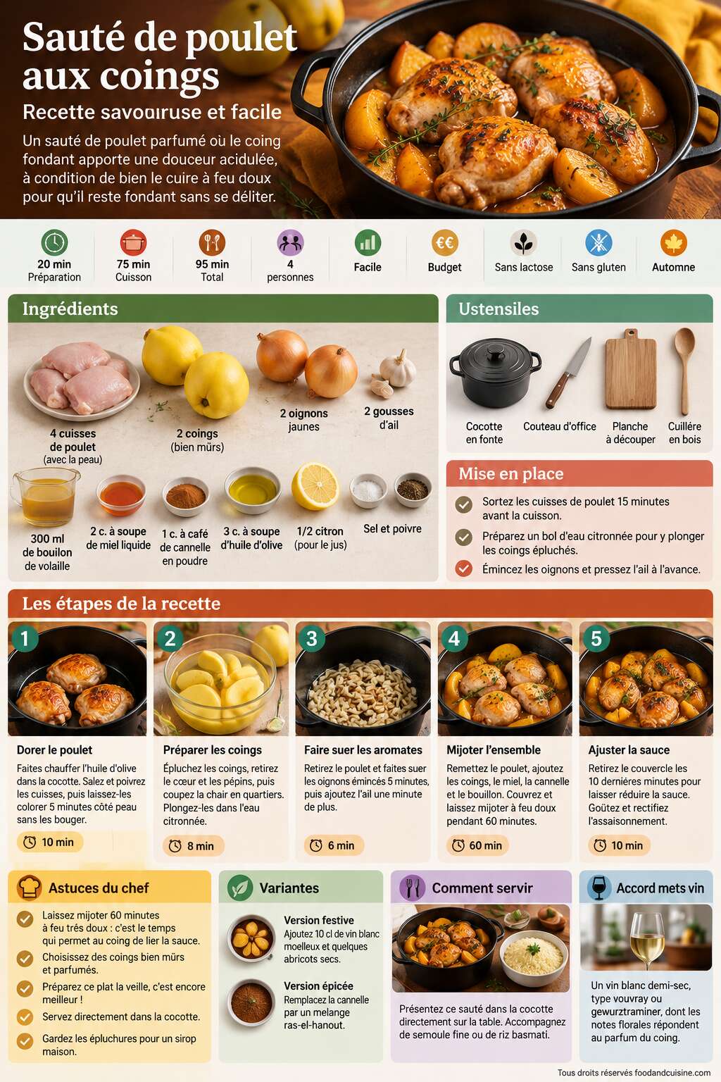 Fiche recette Saut&eacute; de poulet aux coings : recette savoureuse et facile