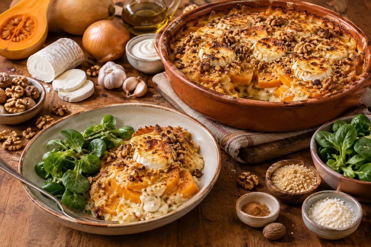 Gratin de butternut au chèvre et croûte de noix : recette gourmande
