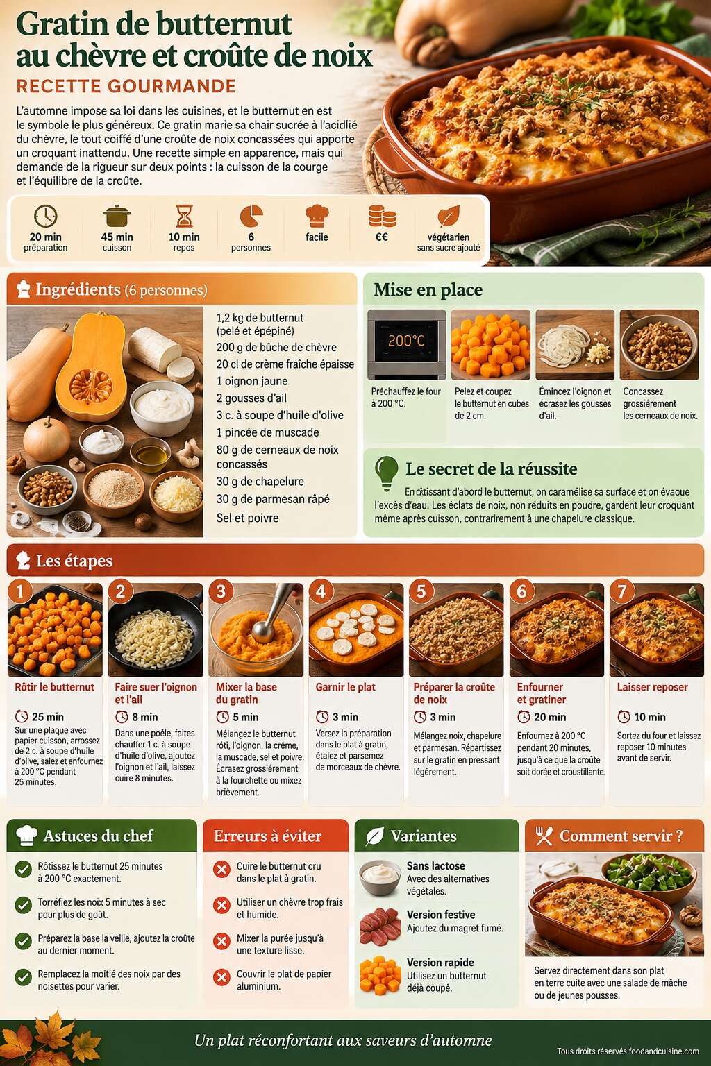 Fiche recette Gratin de butternut au ch&egrave;vre et cro&ucirc;te de noix : recette gourmande