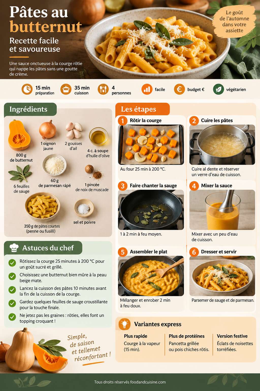 Fiche recette P&acirc;tes au butternut : recette facile et savoureuse
