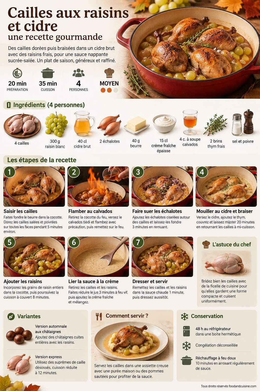 Fiche recette Cailles aux raisins et cidre : recette gourmande