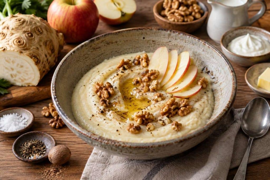 Purée de céleri-rave aux pommes et noix : recette gourmande