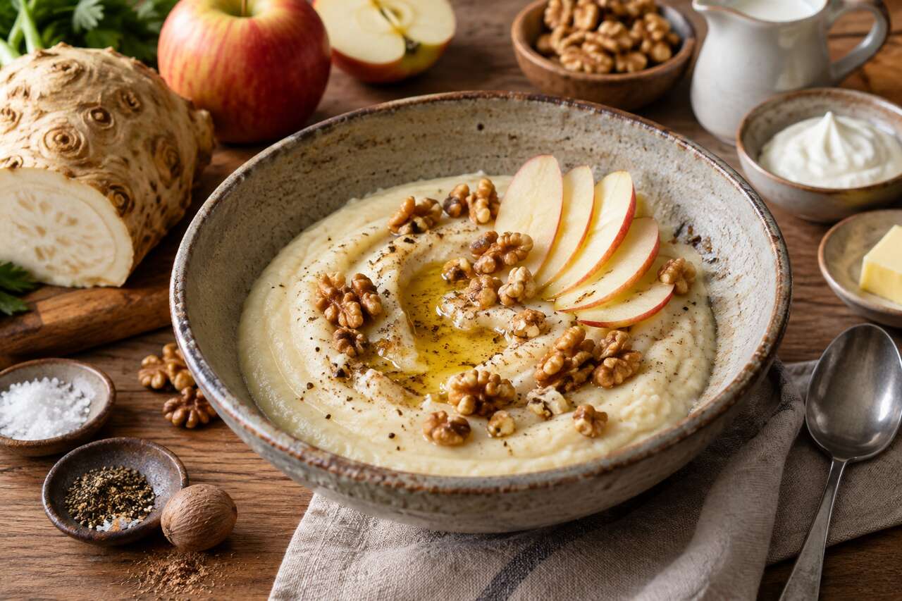 Purée de céleri-rave aux pommes et noix : recette gourmande