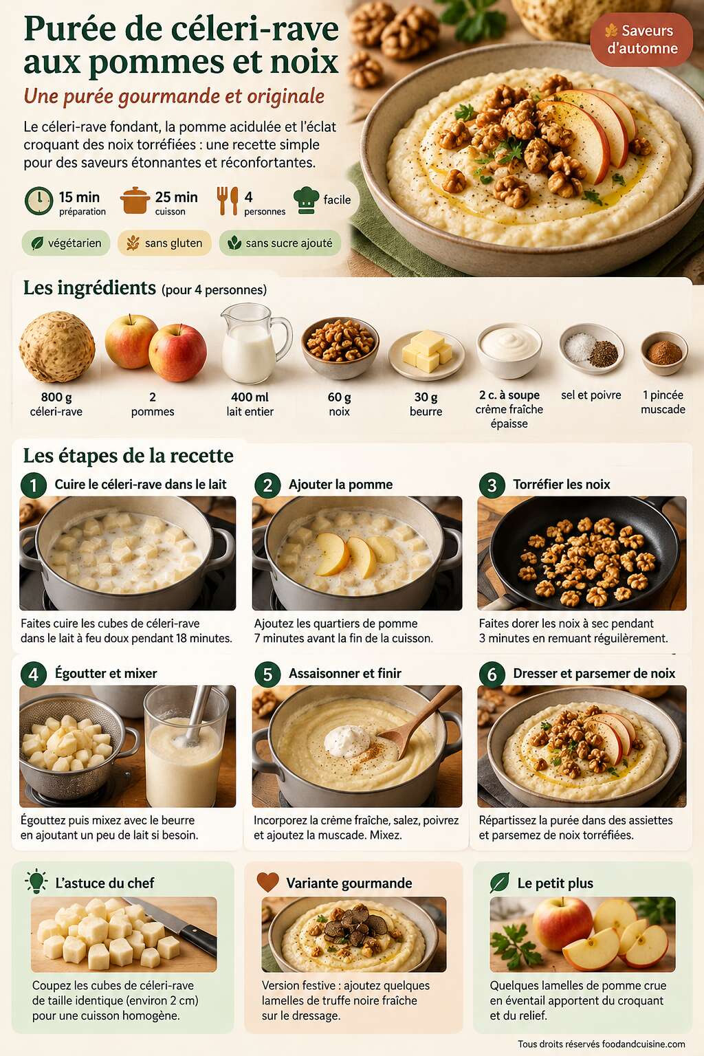 Fiche recette Pur&eacute;e de c&eacute;leri-rave aux pommes et noix : recette gourmande