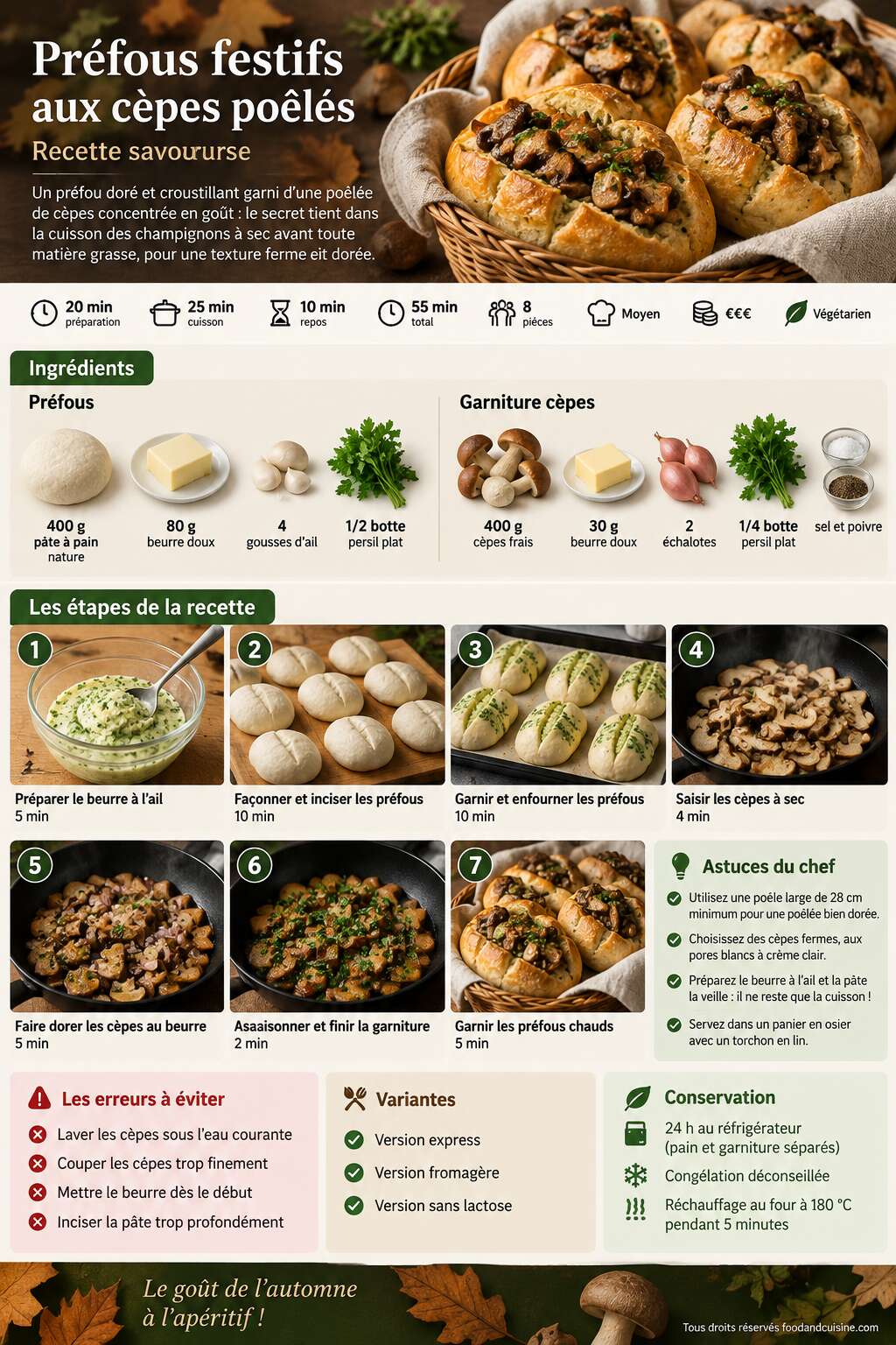 Fiche recette Pr&eacute;fous festifs aux c&egrave;pes po&ecirc;l&eacute;s : recette savoureuse
