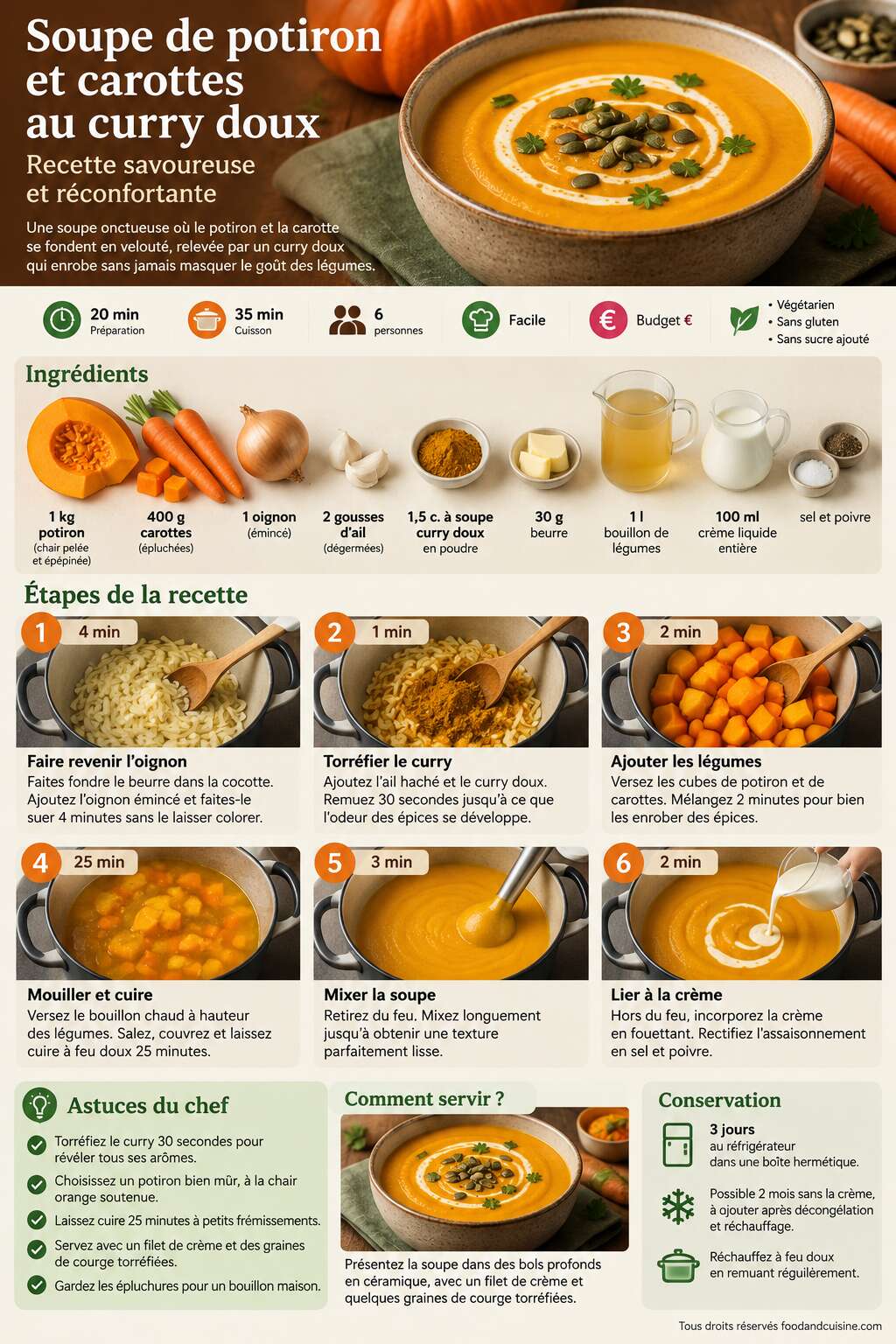 Fiche recette Soupe de potiron et carottes au curry doux : recette savoureuse et r&eacute;confortante