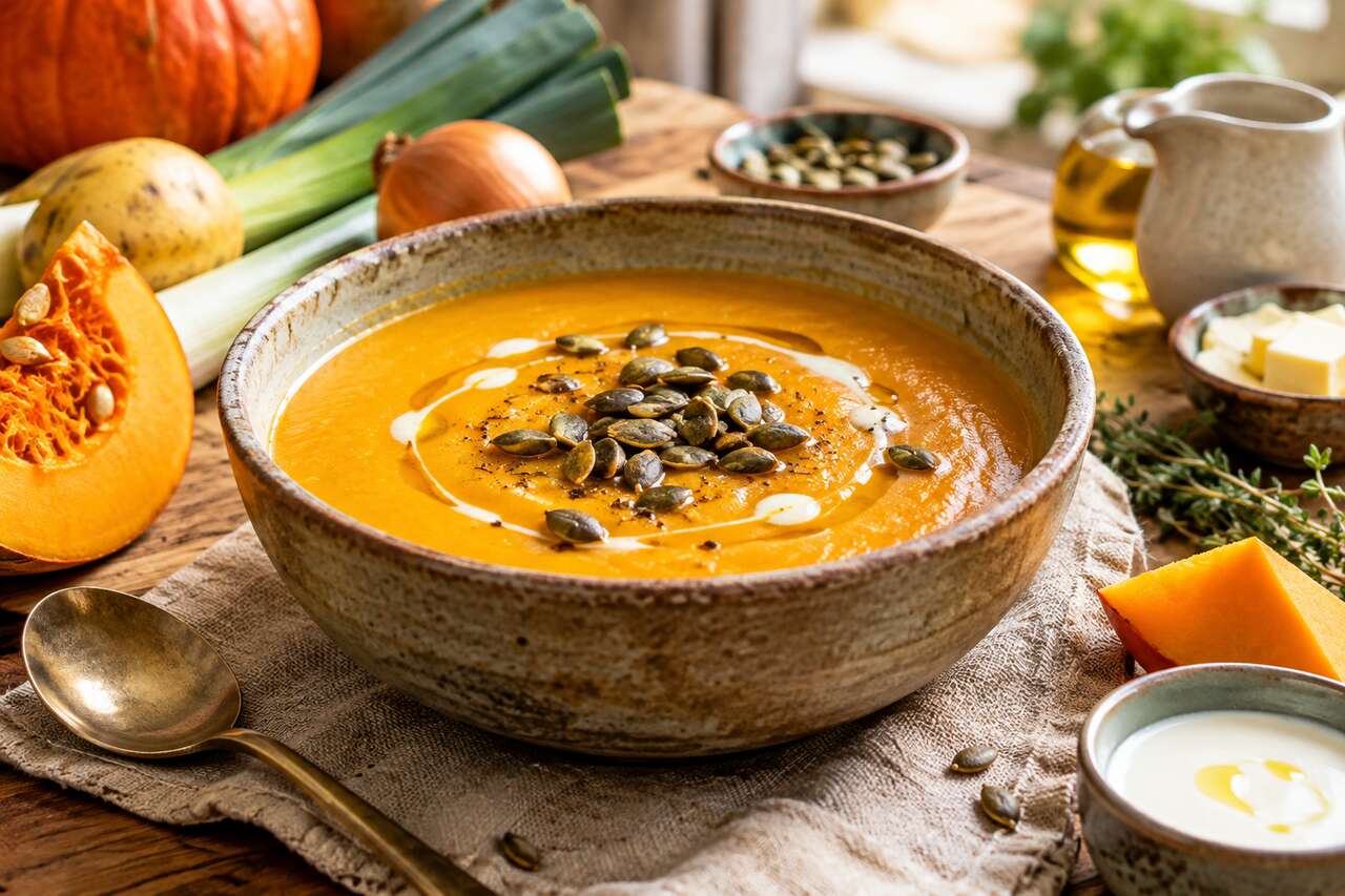Soupe de potiron, poireaux et pommes de terre au Thermomix : recette facile et savoureuse