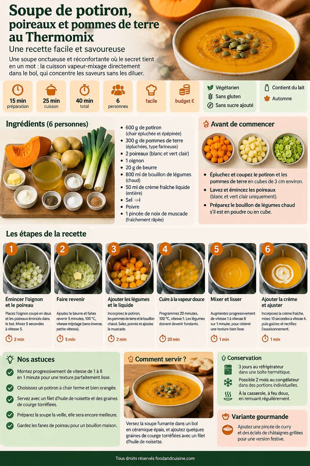 Fiche recette Soupe de potiron, poireaux et pommes de terre au Thermomix : recette facile et savoureuse Fiche recette Soupe de potiron, poireaux et pommes de terre au Thermomix : recette facile et savoureuse