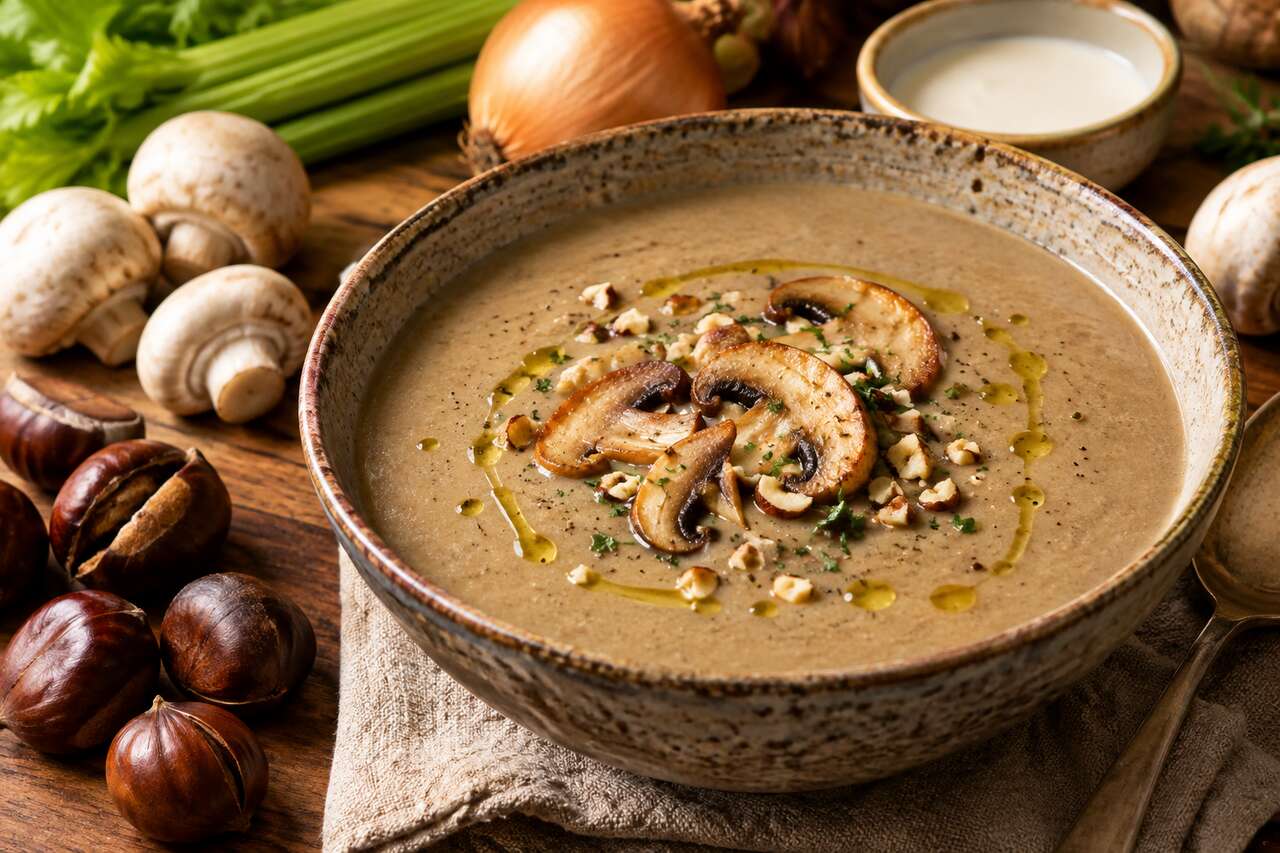 Velouté de marrons, champignons et céleri : recette gourmande et réconfortante