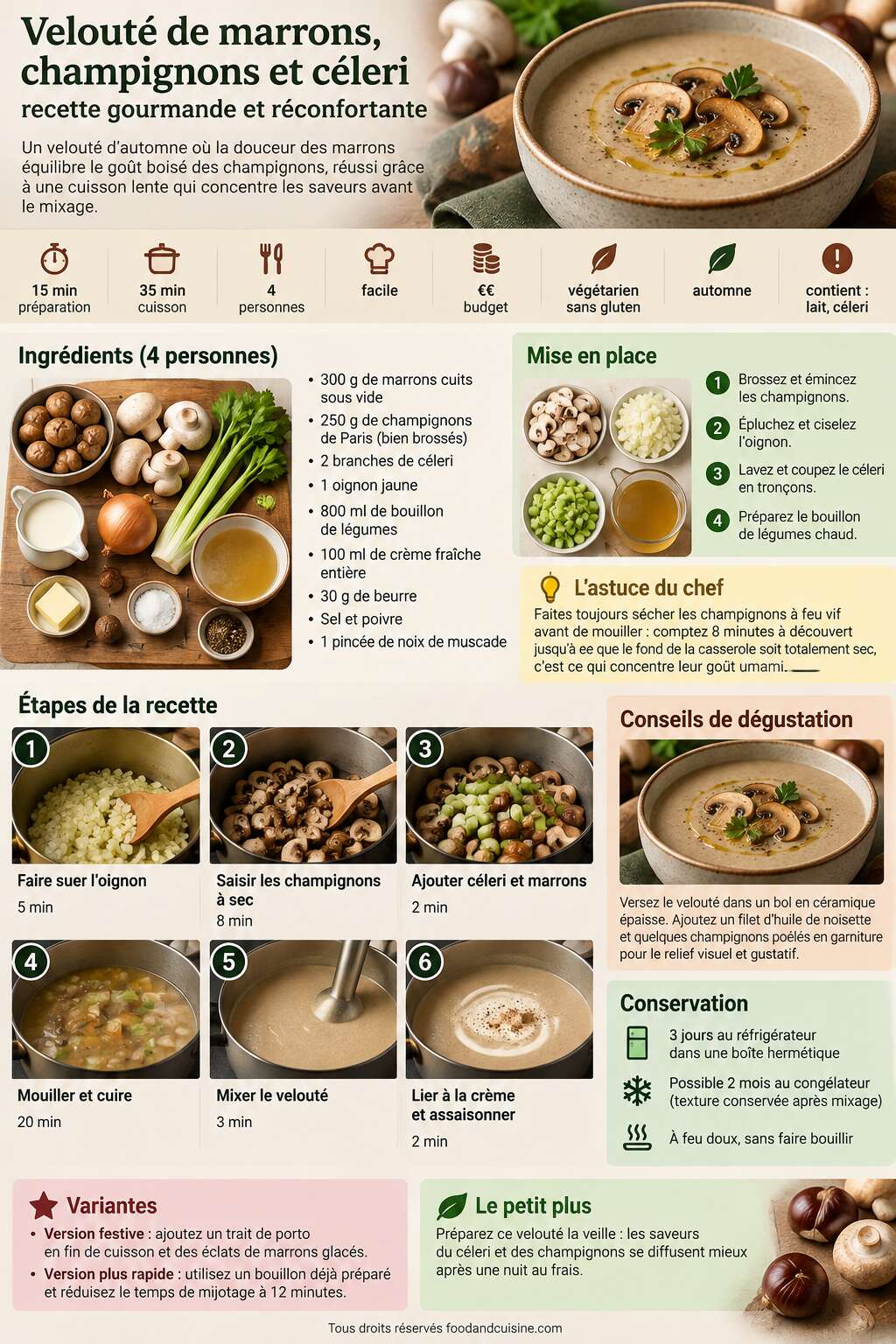 Fiche recette Velout&eacute; de marrons, champignons et c&eacute;leri : recette gourmande et r&eacute;confortante