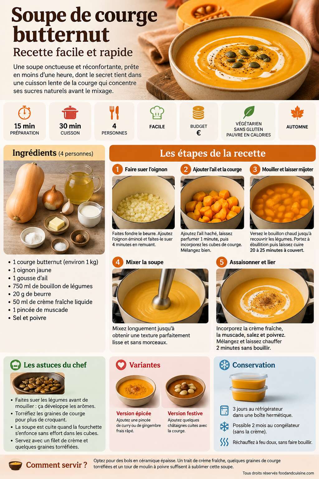 Fiche recette Soupe de courge butternut : recette facile et rapide Fiche recette Soupe de courge butternut : recette facile et rapide