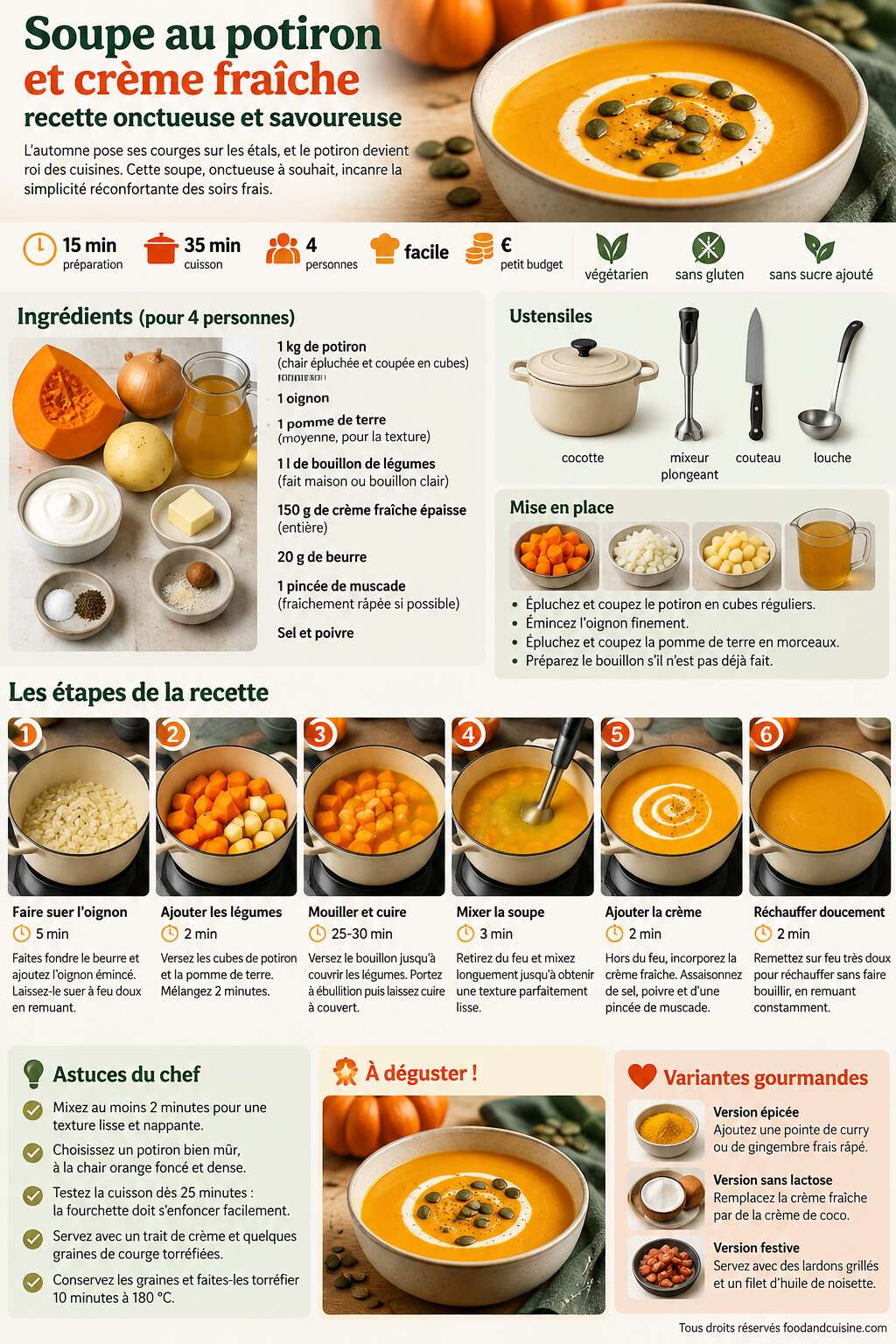Fiche recette Soupe au potiron et cr&egrave;me fra&icirc;che : recette onctueuse et savoureuse