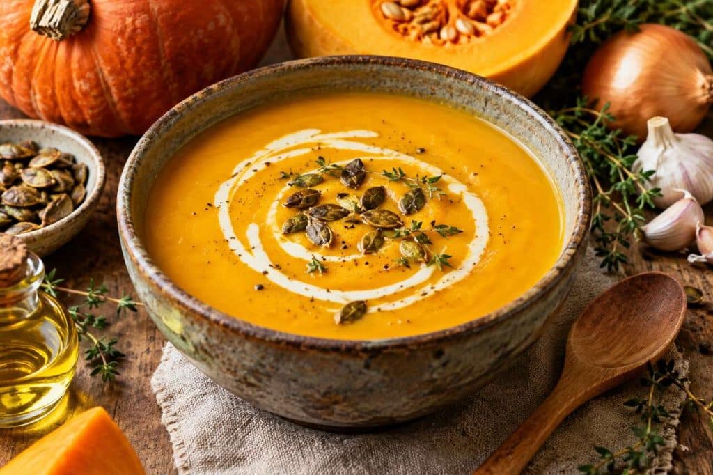 Soupe de potiron et butternut rôtis à l'ail : recette savoureuse