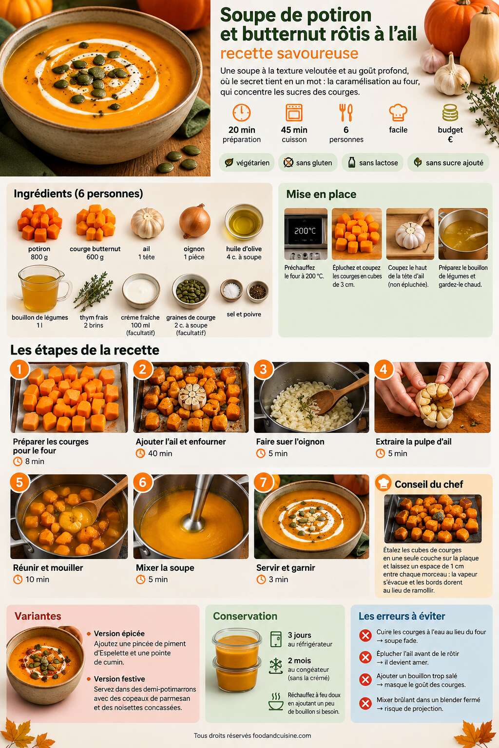 Fiche recette Soupe de potiron et butternut r&ocirc;tis &agrave; l'ail : recette savoureuse