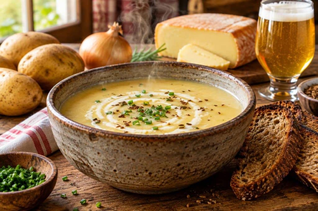 Soupe crémeuse au Munster et pommes de terre à la bière : recette gourmande