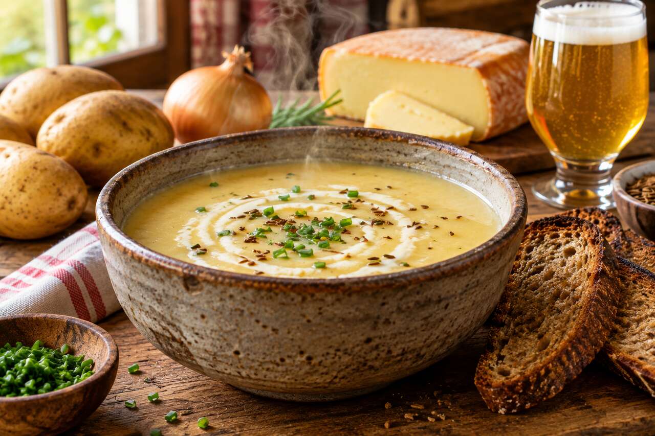 Soupe crémeuse au Munster et pommes de terre à la bière : recette gourmande