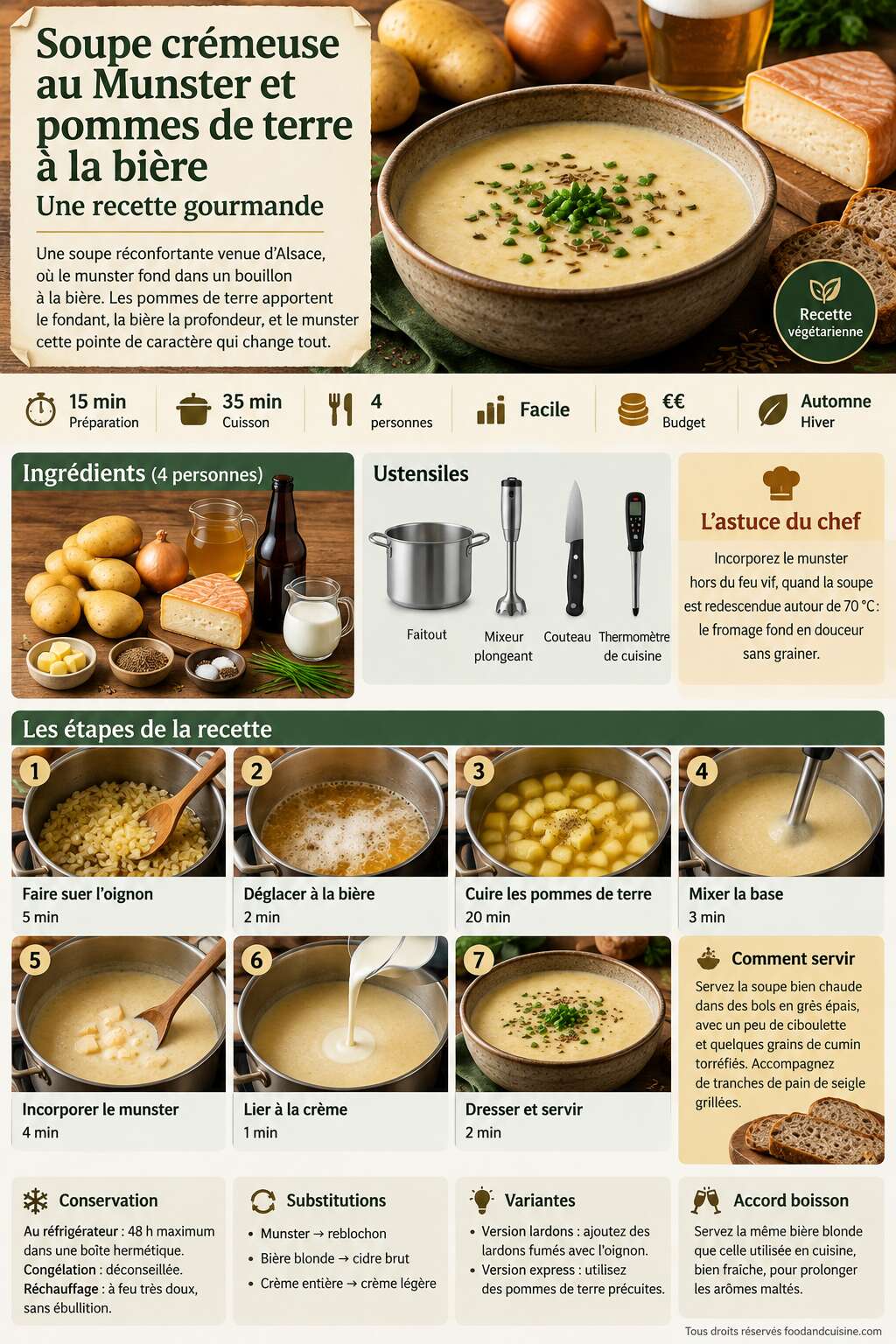 Fiche recette Soupe crémeuse au Munster et pommes de terre à la bière : recette gourmande Fiche recette Soupe crémeuse au Munster et pommes de terre à la bière : recette gourmande